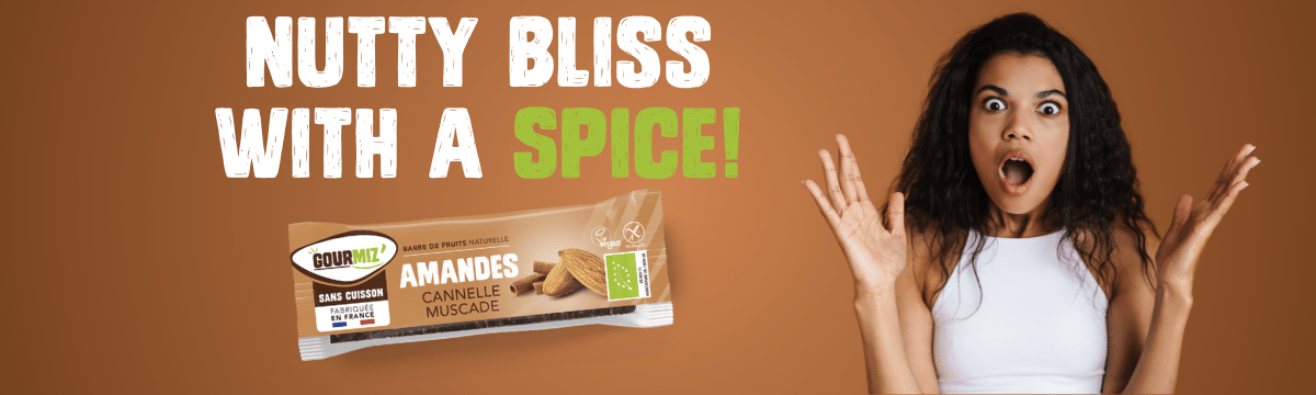 A young woman is astonished. It says Nutty bliss with a spice